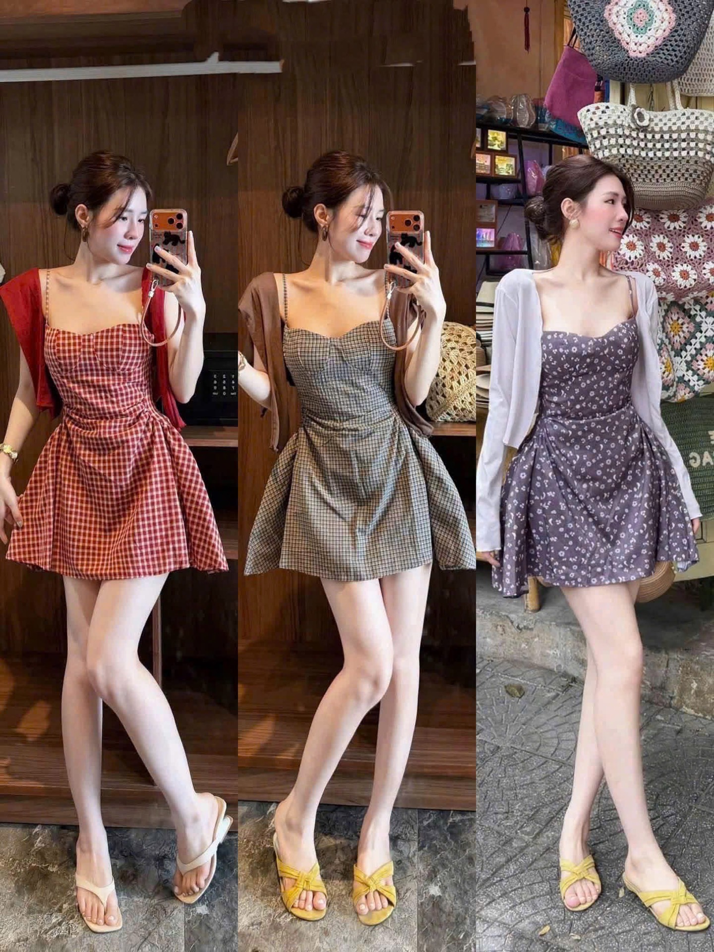 Đầm 2 dây caro kèm khoác ngoài