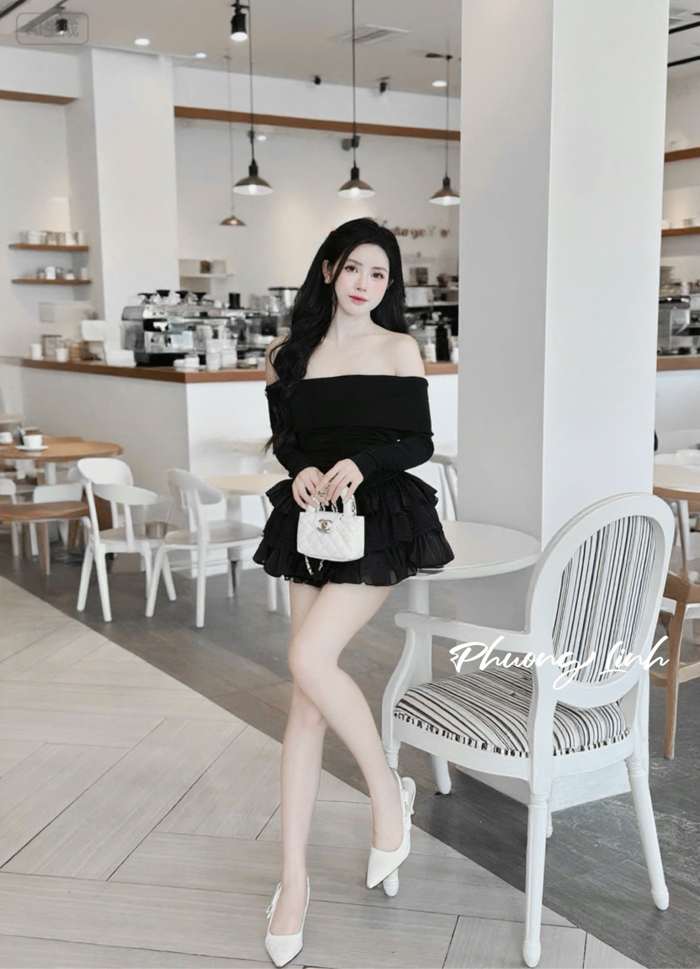 Set trễ vai tay dài chân váy tầng pl