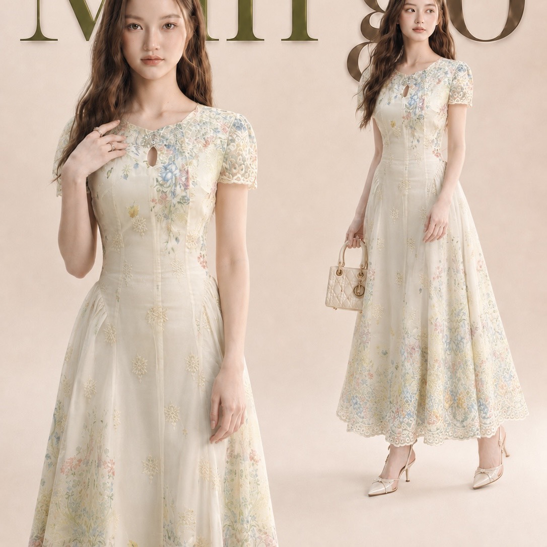 Đầm thiết kế xoè tay phồng hoa nhẹ nhàng