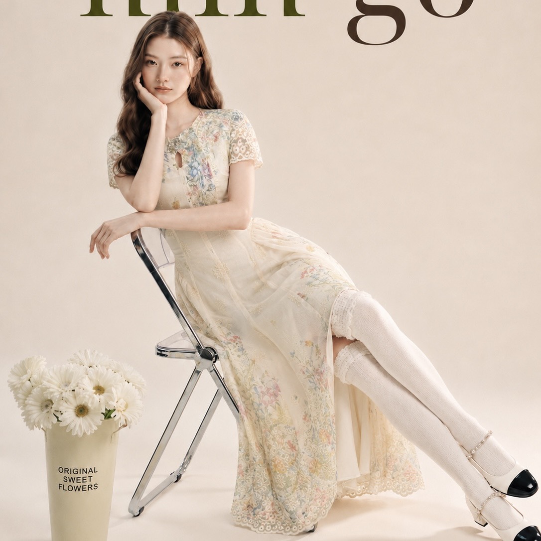 Đầm thiết kế xoè tay phồng hoa nhẹ nhàng
