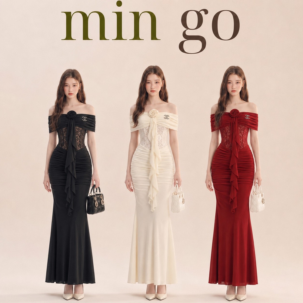 Đầm thiết kế trễ vai hoa ngực dáng xoè
