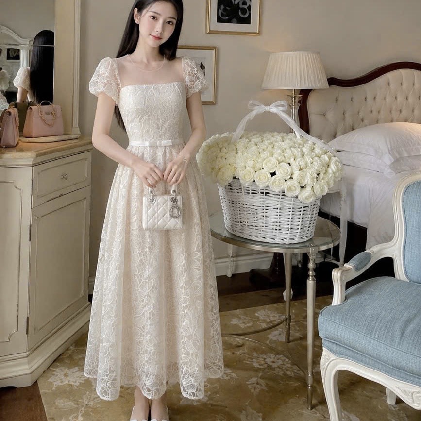 Đầm thiết kế cổ tròn nơ eo dáng dài