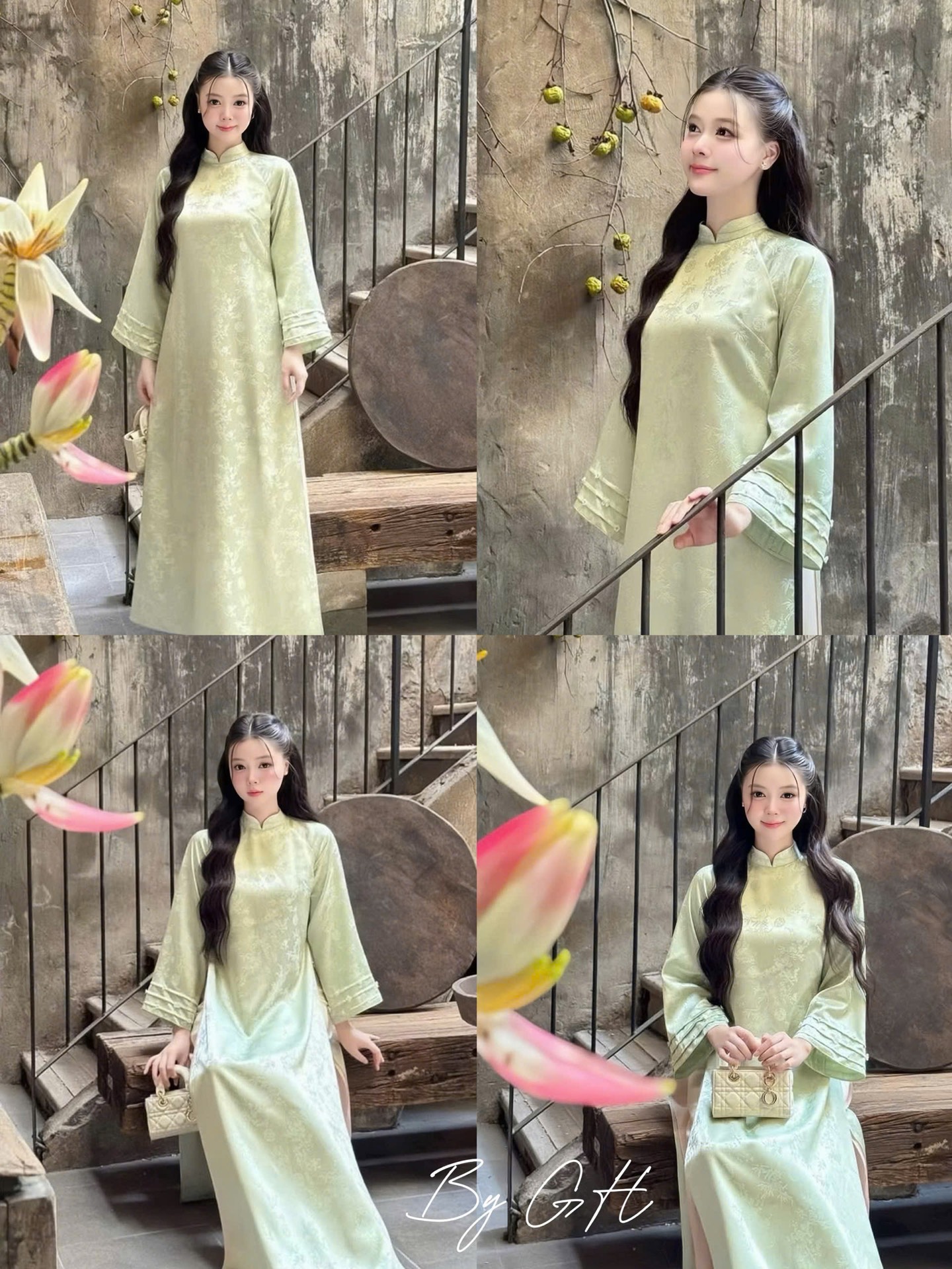 Áo dài gấm tay loe đính hoa quần lưng thun H