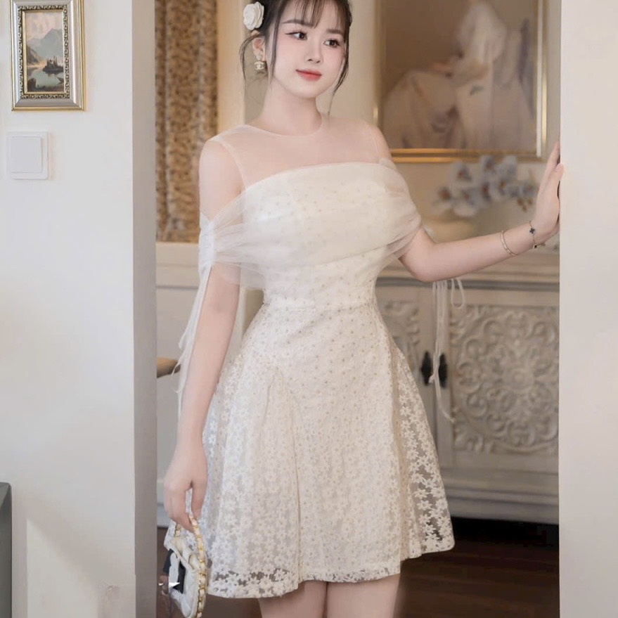 Đầm thiết kế cao cấp ren hoa cúc phối lưới