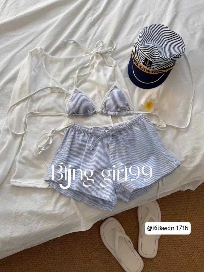 Set bikini 3 món áo tay dài áo dây quần ngắn thun kèm kẹp hoa