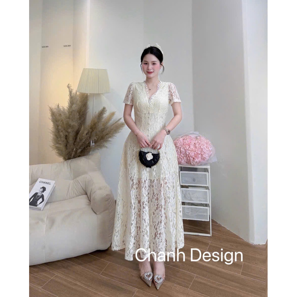 Đầm thiết kế ren cổ V dáng dàng