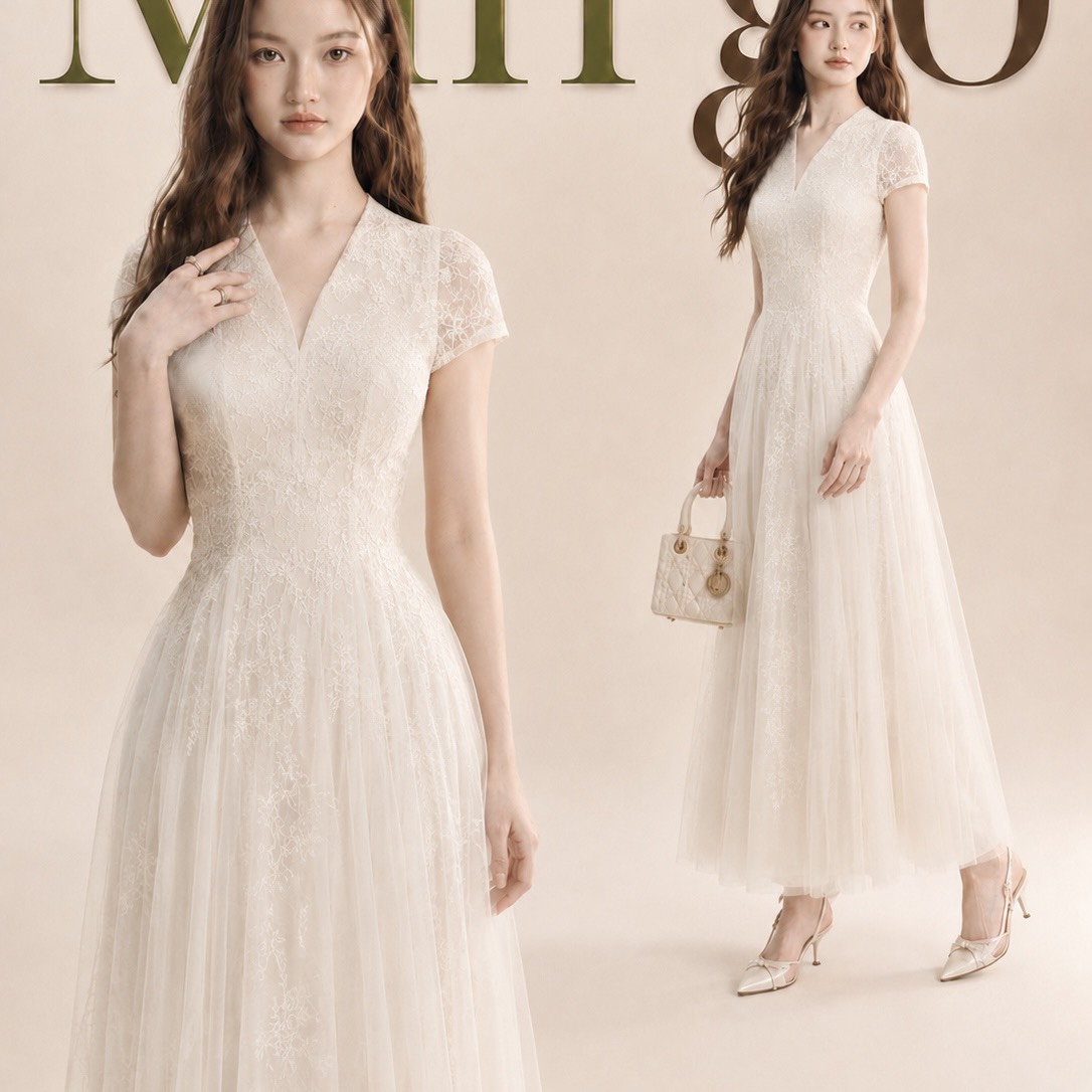 Đầm thiết kế ren tay ngắn tùng xoè