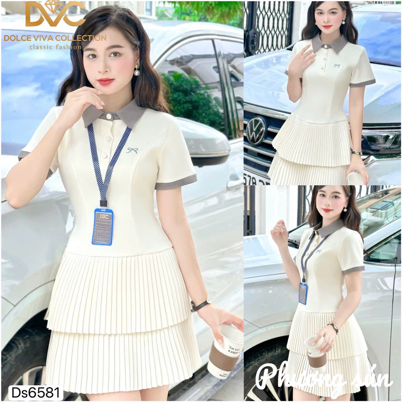 Đầm trắng chân xếp ly thêu nơ phối cổ sen xám