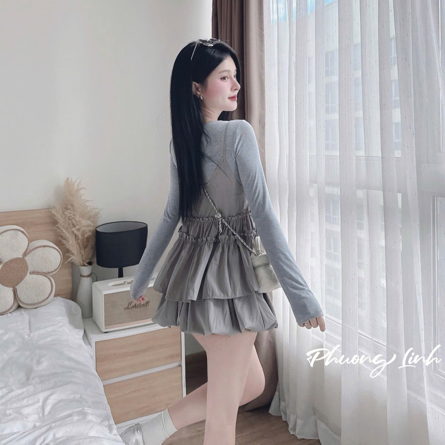 Set áo yếm tay dài váy bí pl