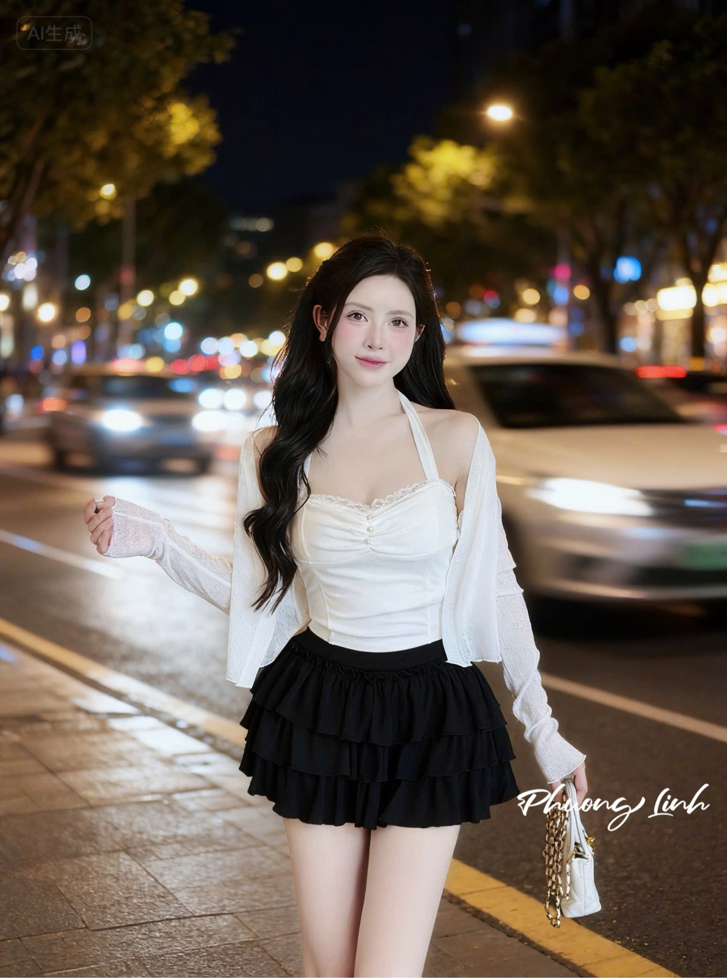 Set áo dây cổ kèm khoác chân váy tầng