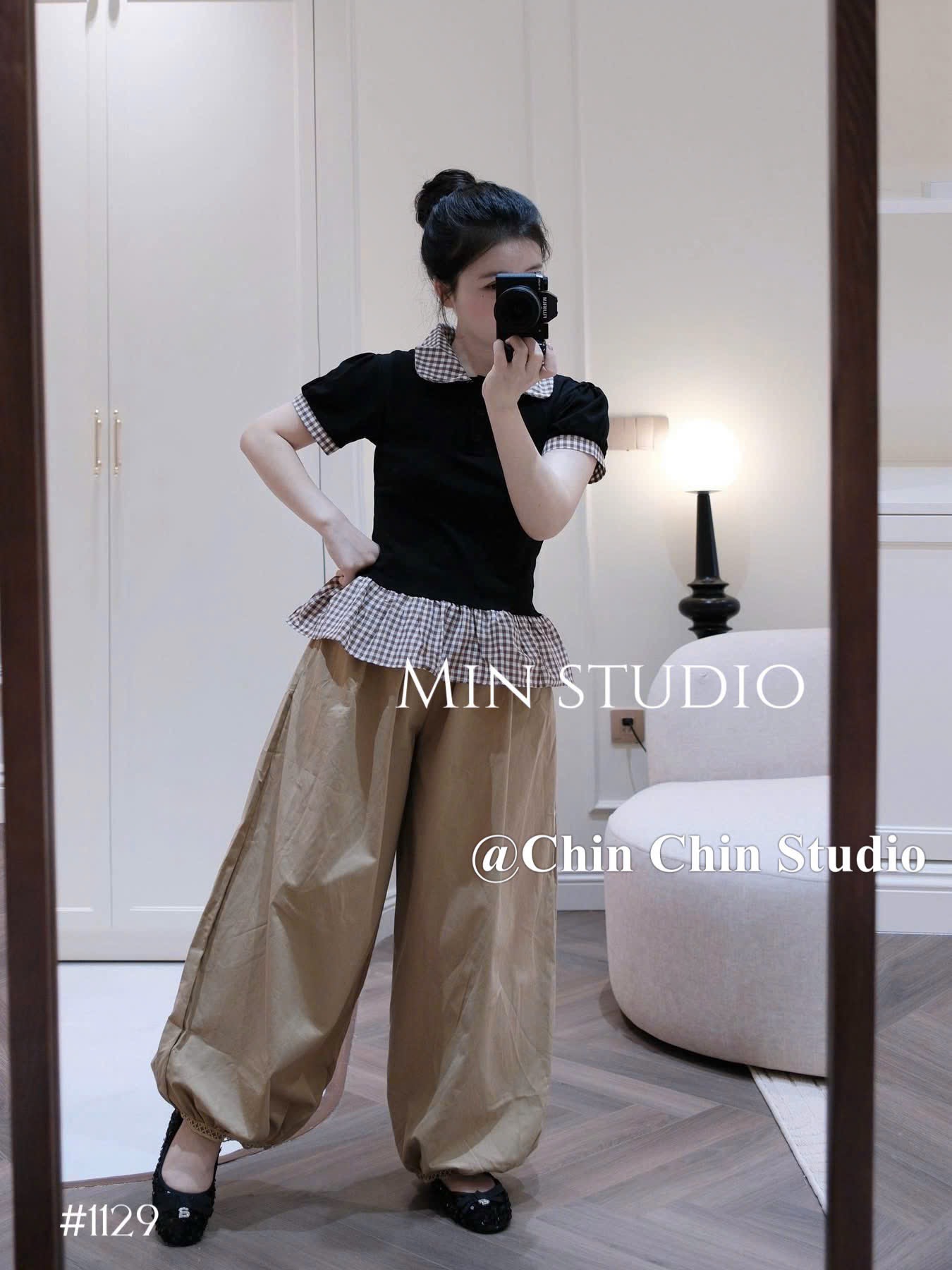 Set áo cổ sen kèm quần ống rộng bo chân