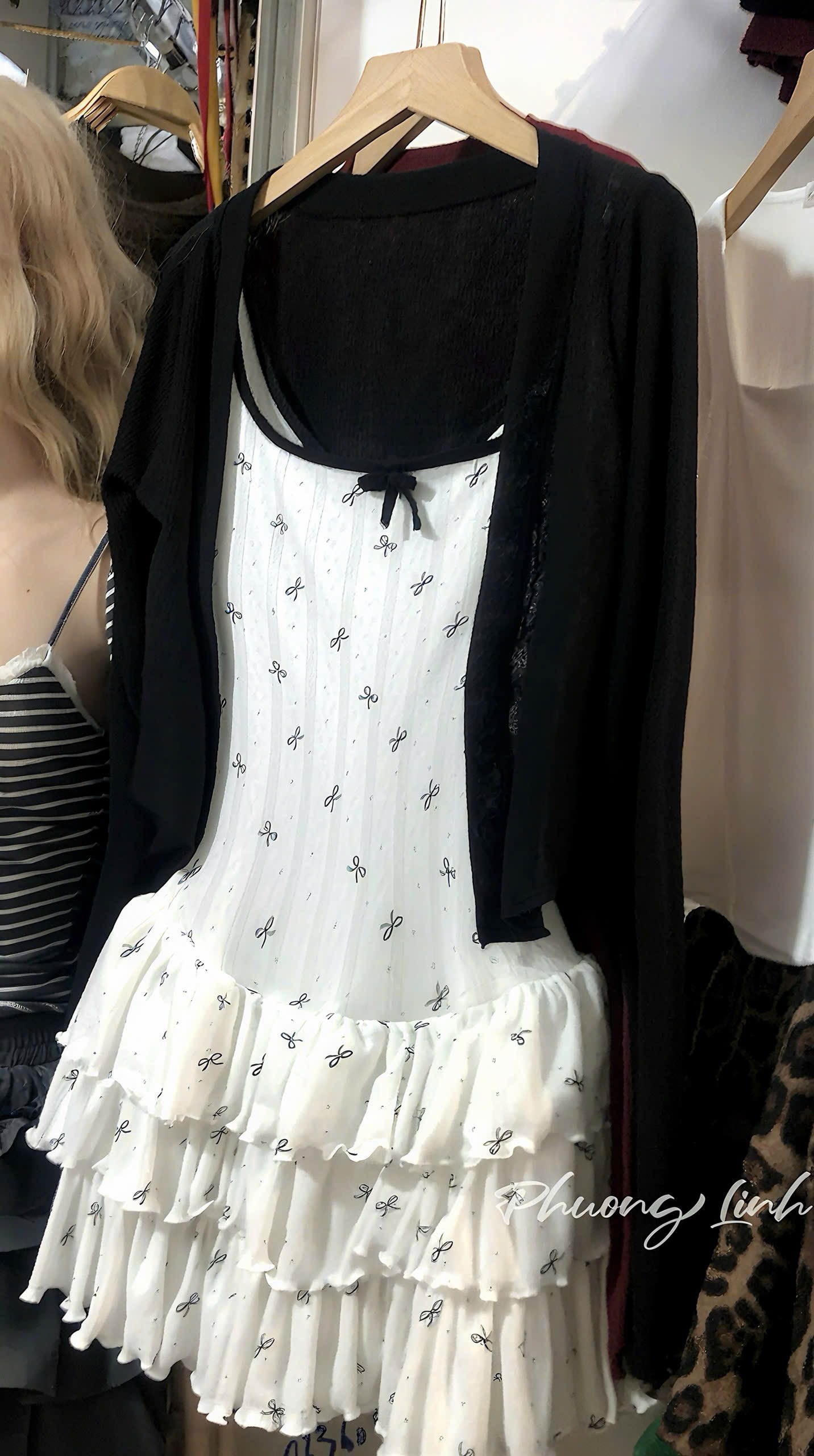 Đầm 2 dây nơ tầng kèm khoác pl