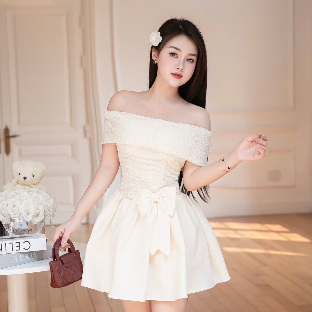 Đầm trễ vai ôm ngực dáng ngắn xòe thiết kế cao cấp đi tiệc