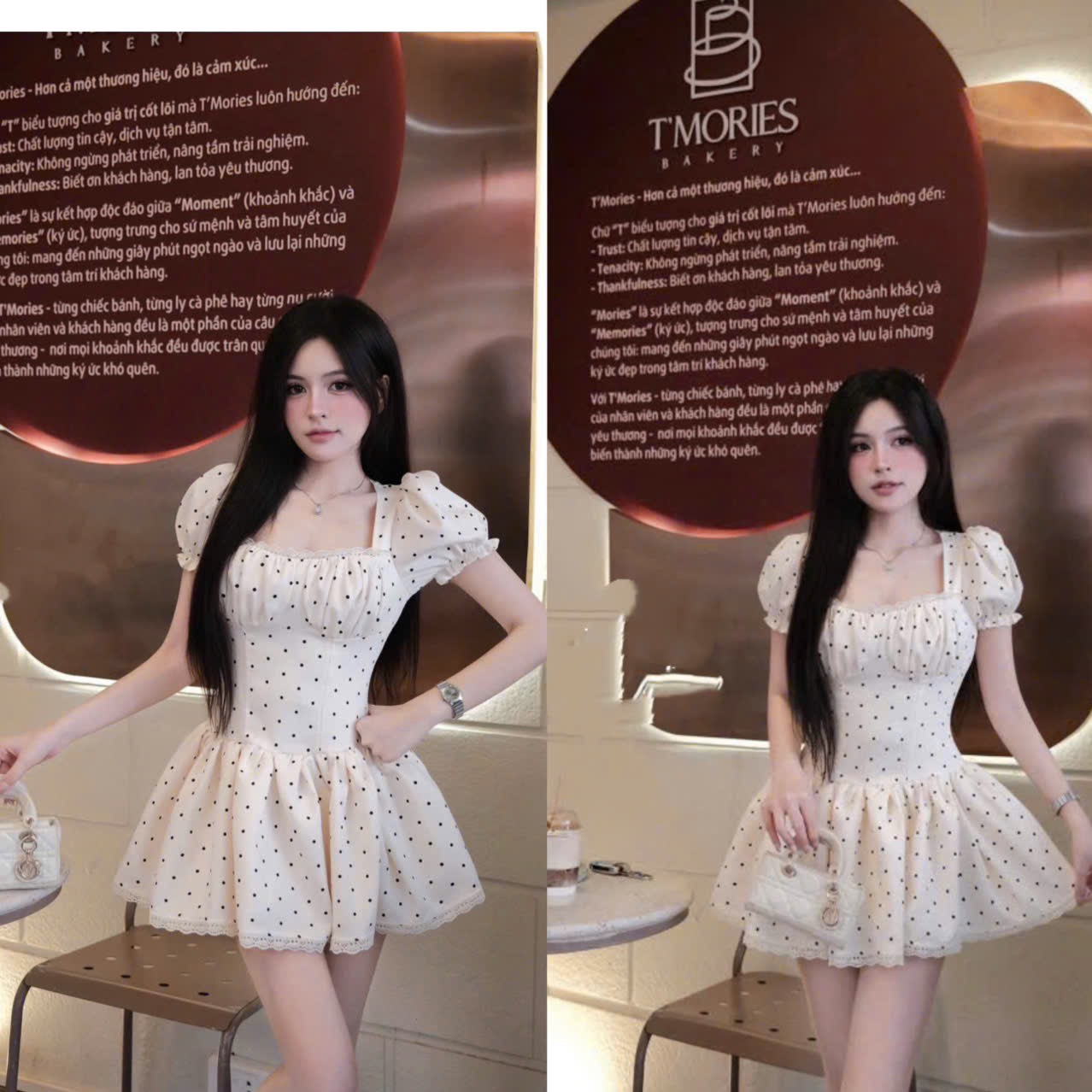 Đầm thiết kế chấm bi cổ vuông tay phồng