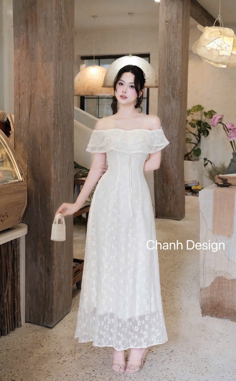 Đầm thiết kế trễ vai ren tầng