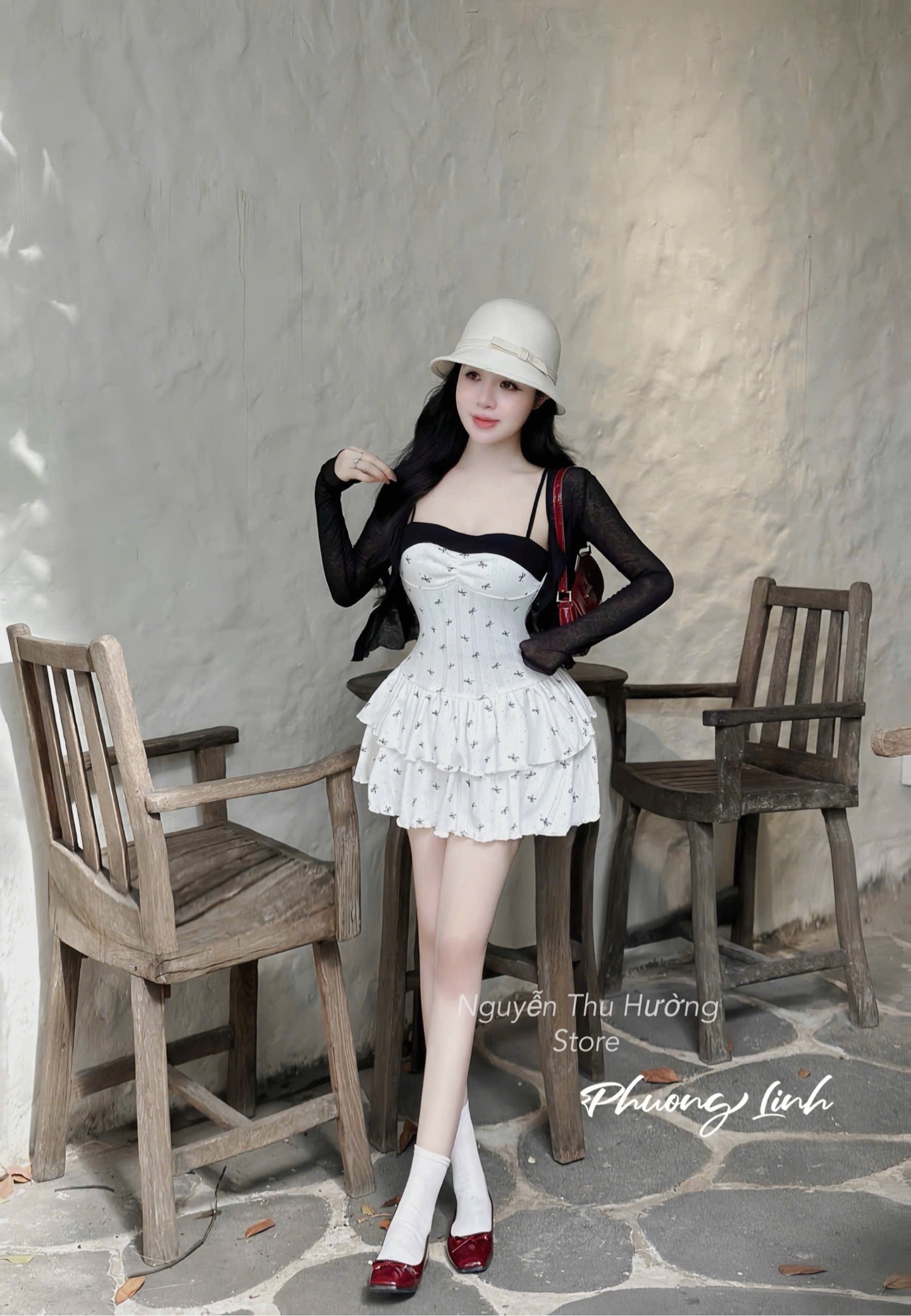 Đầm 2 dây tầng nơ bảng ngực kèm khoác