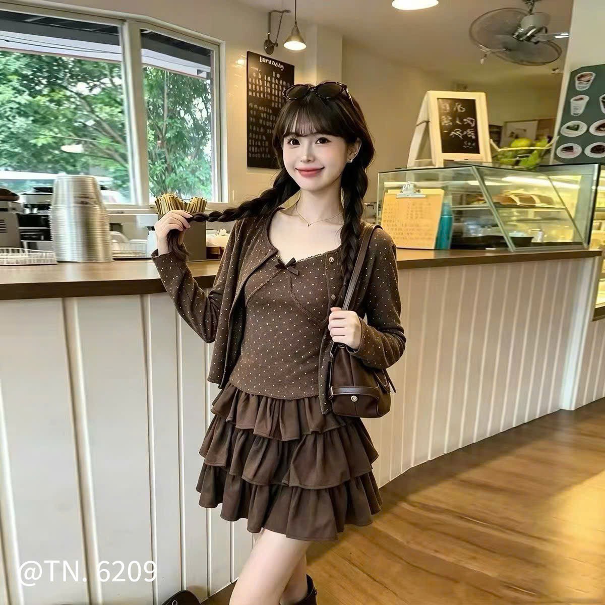 Áo kiểu 2 dây chấm bi ren nơ kèm khoác ngoài tay dài