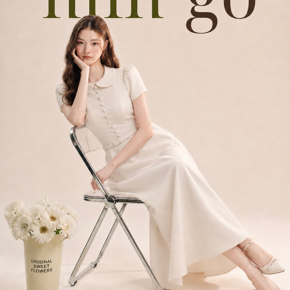 Đầm thiết kế cổ sen nút ngực nơ eo dáng dài