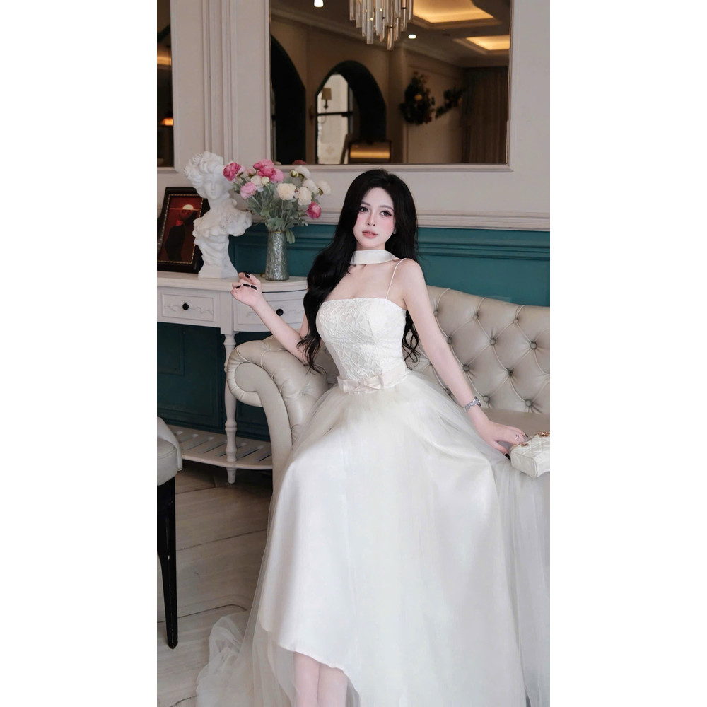 Đầm thiết kế 2 dây ren phối voan bồng kèm dây cổ