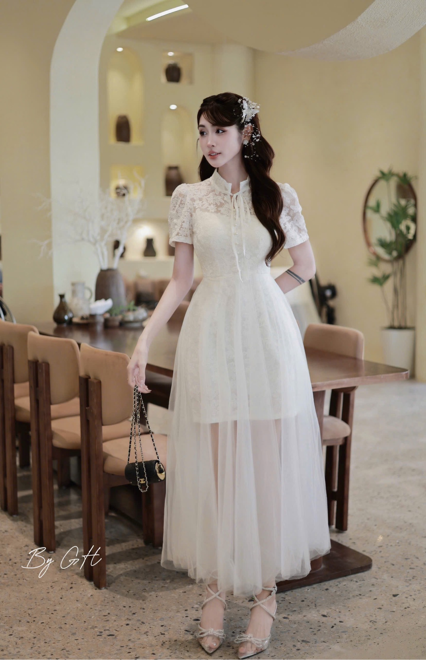 Đàm ren khuy ngọc phối tơ cổ tàu