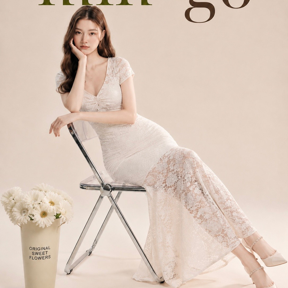 Đầm thiết kế cổ V xoắn  ngực body dáng dài