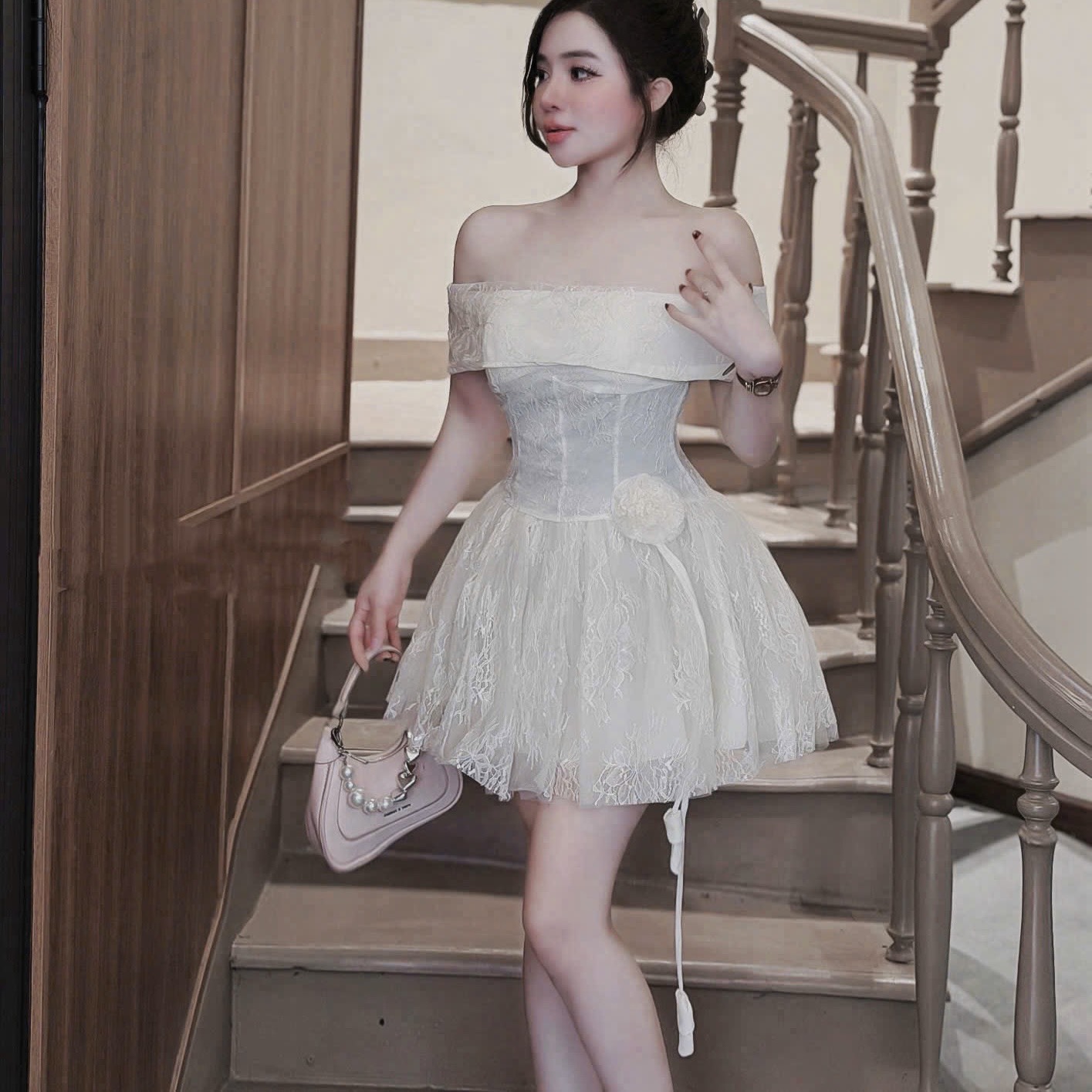 Đầm thiết kế trễ vai hoa eo tùng xoè