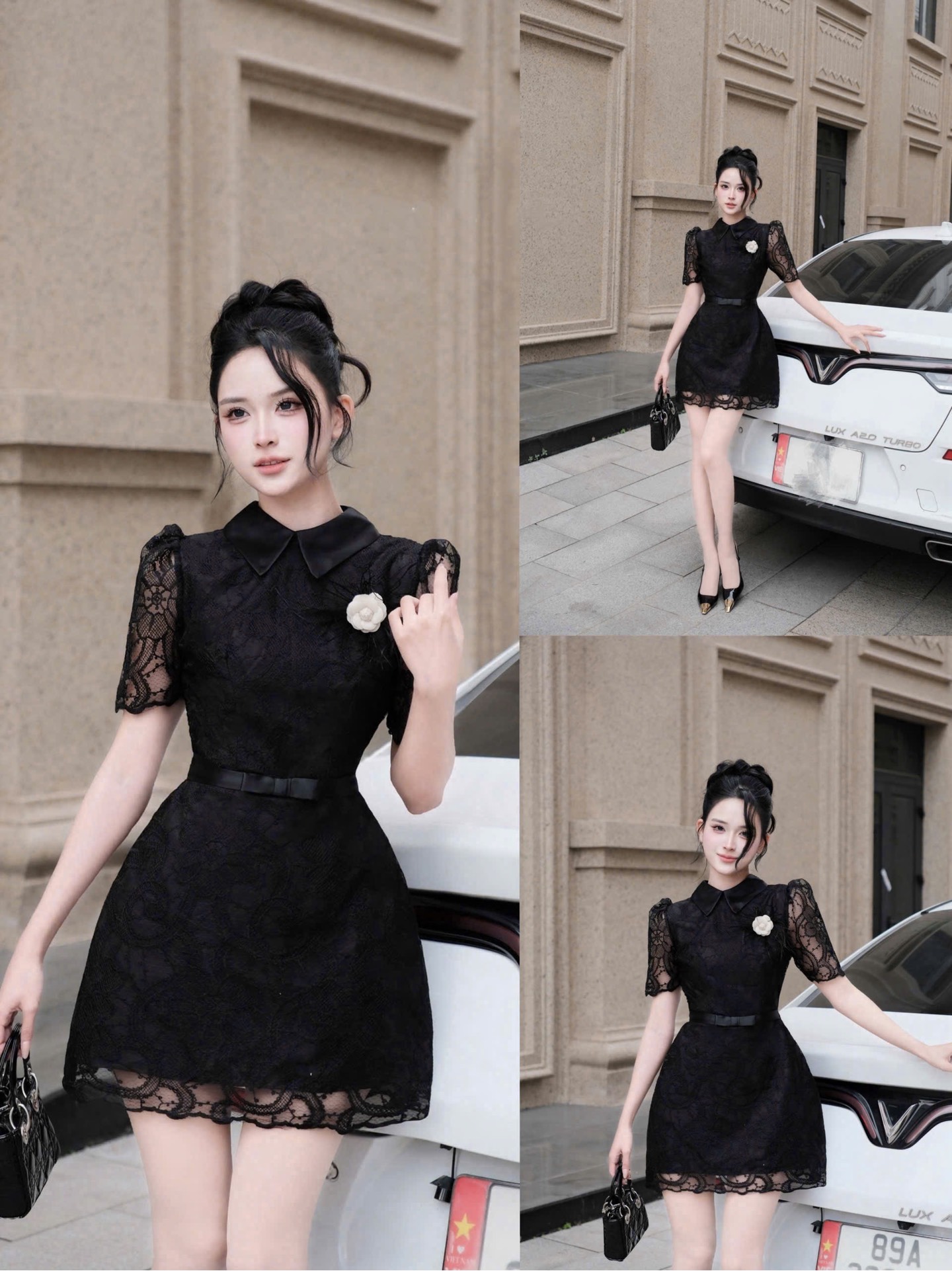 Đầm cổ sơ mi ren chân chữ A