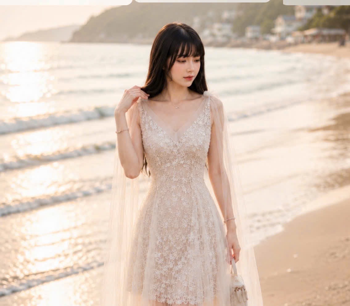 Đầm thiết kế ren tay rũ voan dáng dài