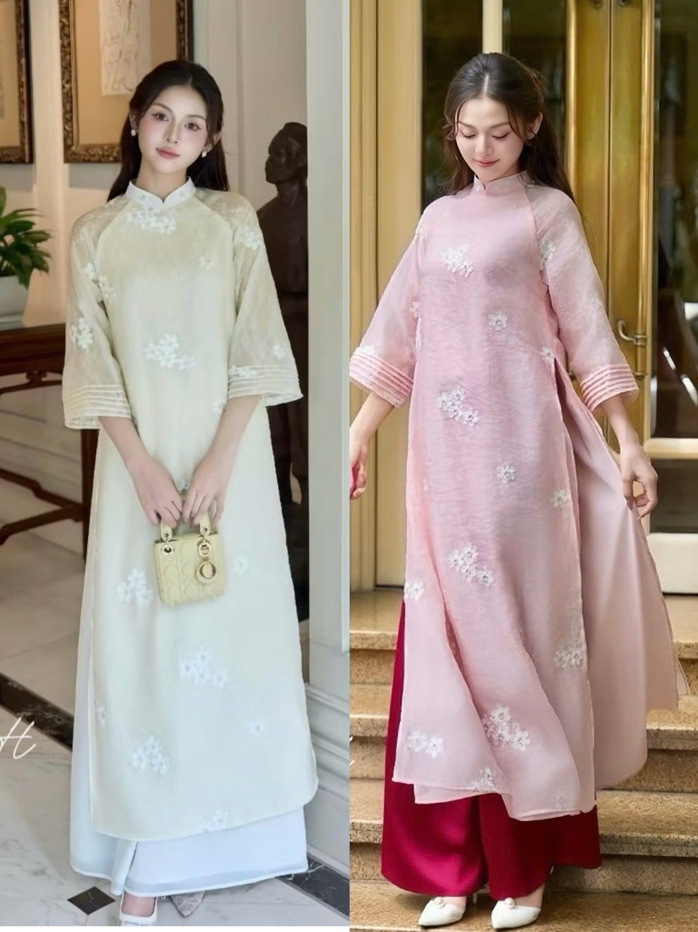 Áo dài truyền thống tay viền thêu hoa