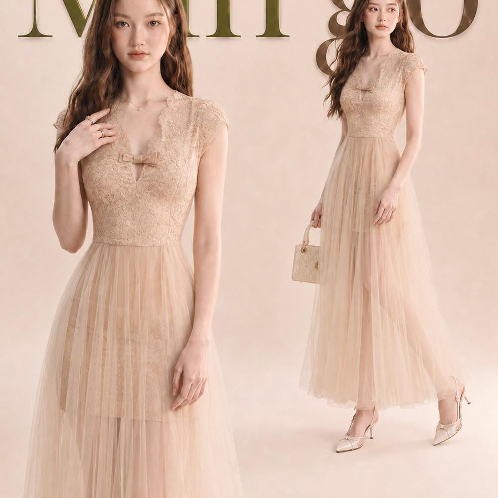 Đầm thiết kế cổ V phối voan tùng xoè