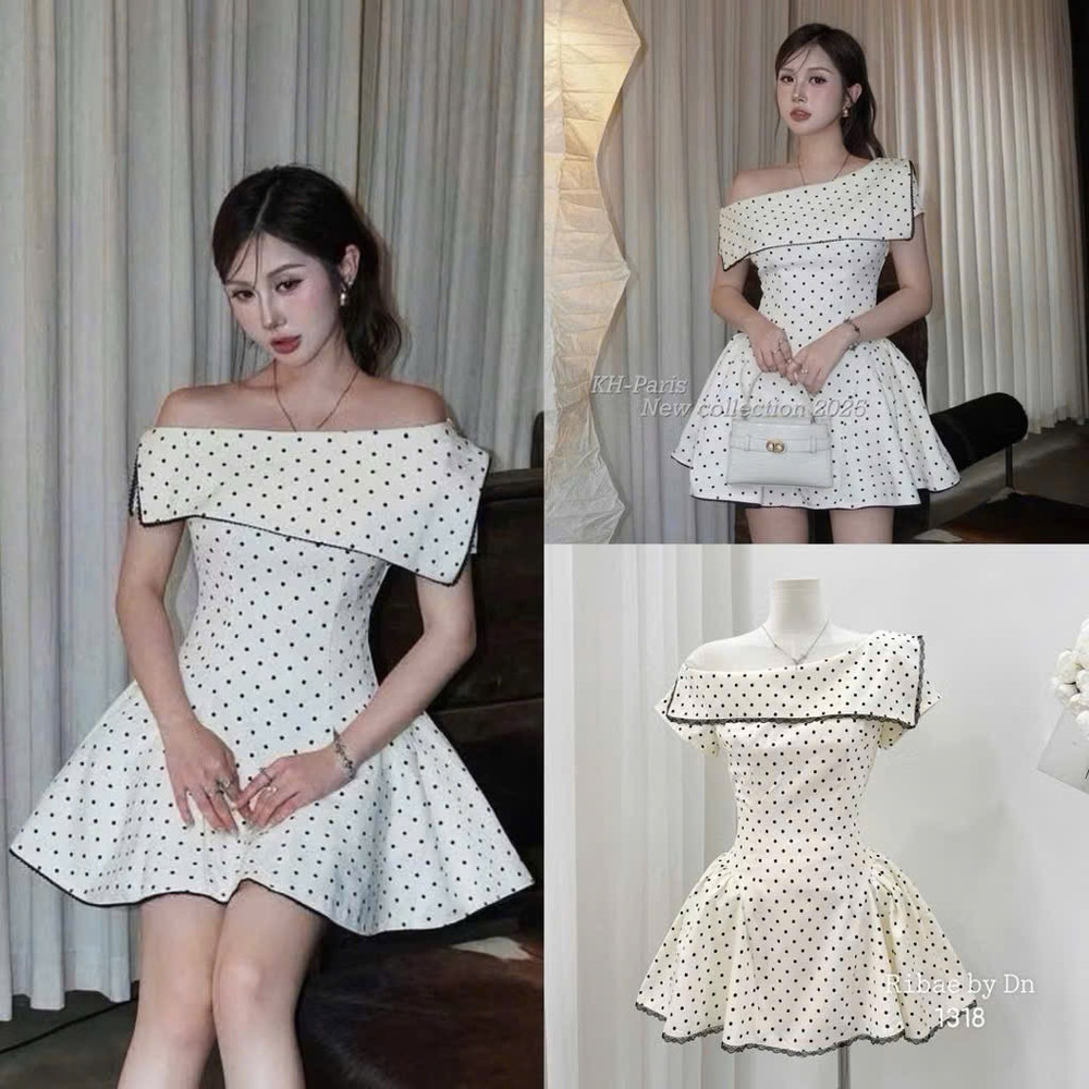 Đầm thiết kế lệch vai chấm bi