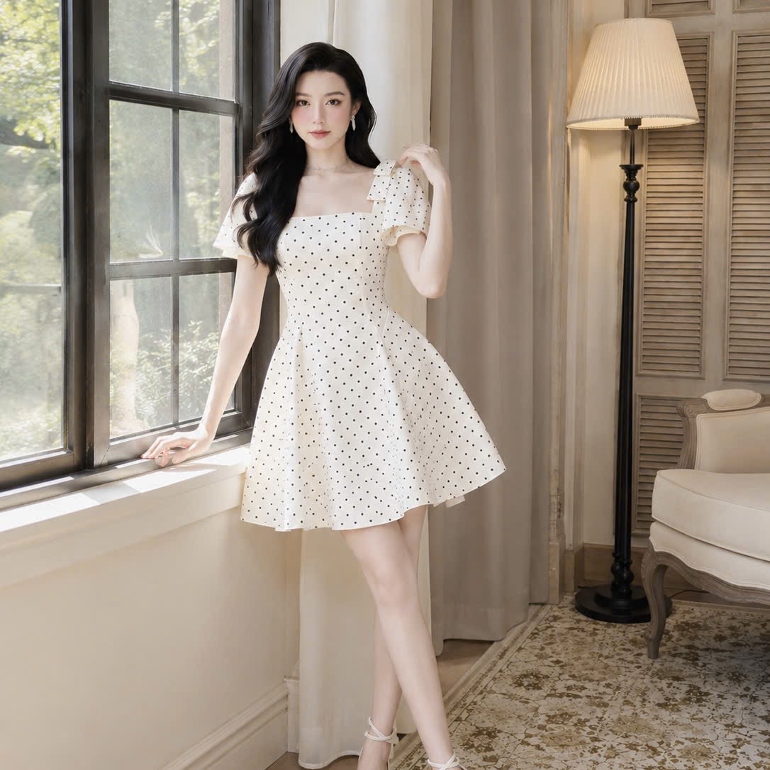 Đầm thiết kế cổ vuông nơ vai tay phồng