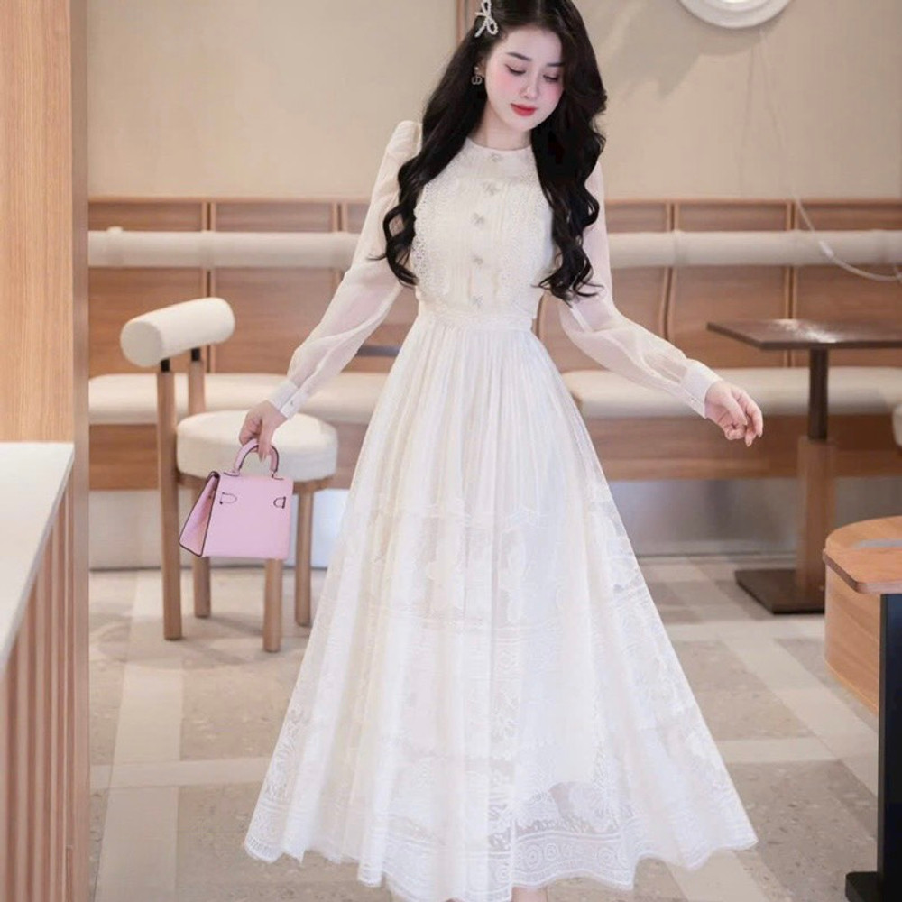 Đầm thiết kế tơ tay dài dáng xoè cao cấp tặng cài nơ