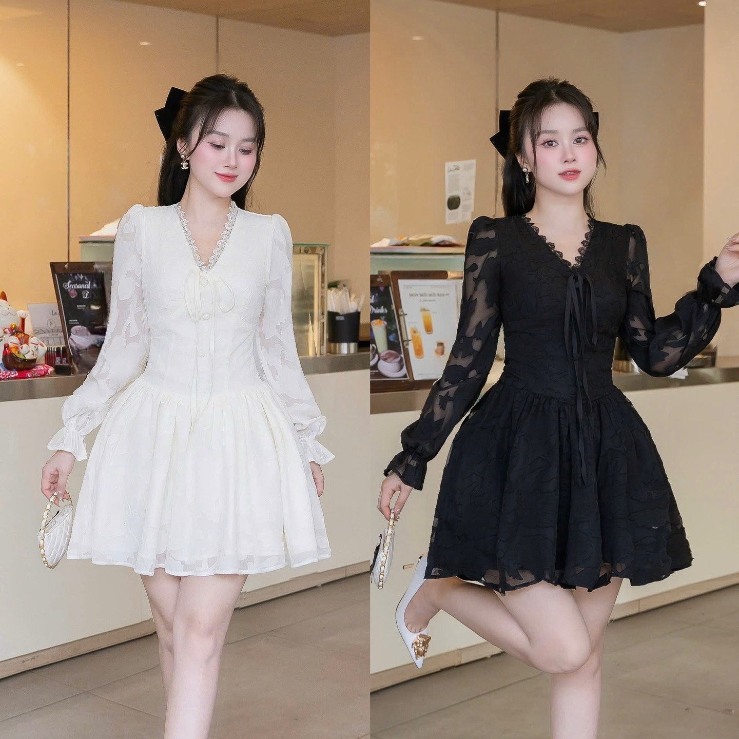 Đầm ren cổ V cúc bọc thiết kế cao cấp