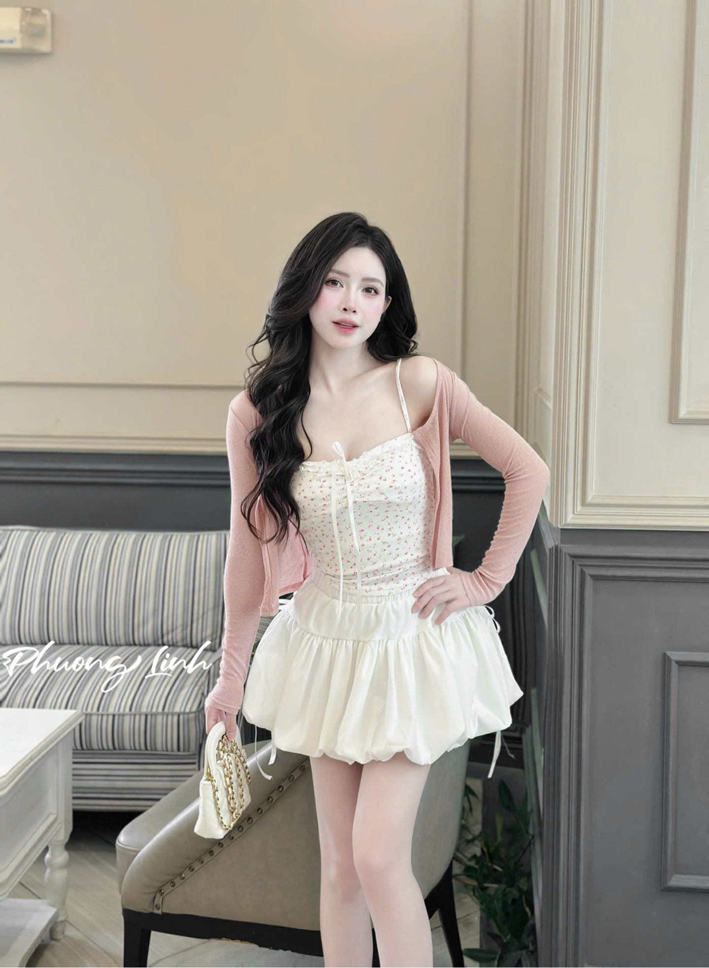 Set 3 món váy bí áo hoa kèm khoác