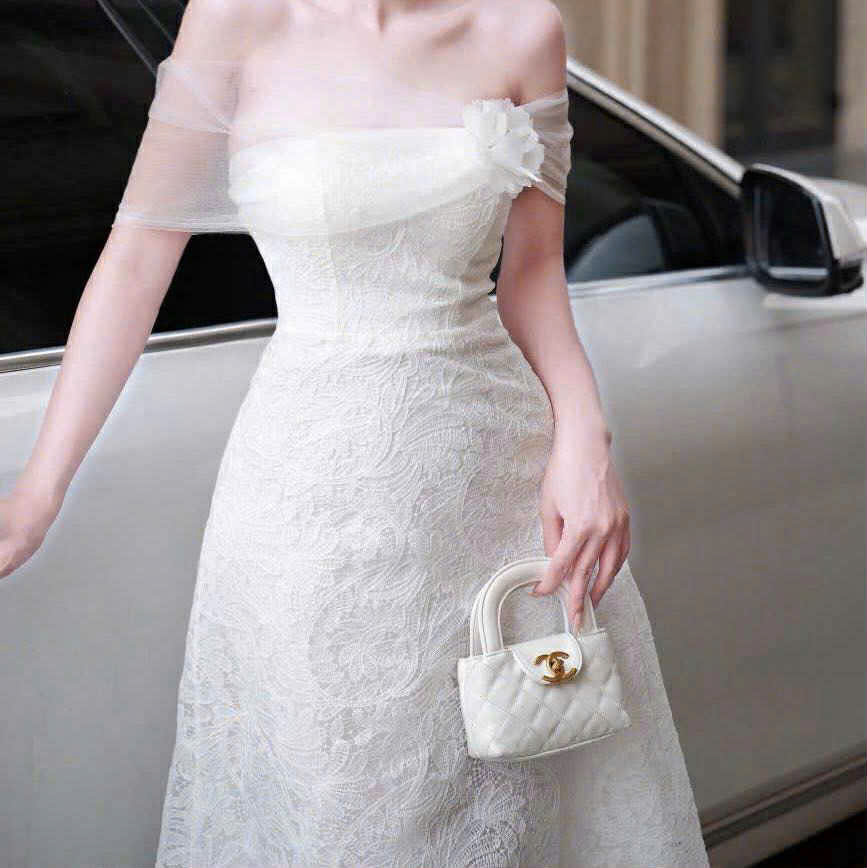 Đầm trễ vai voan phối gấm cao cấp sang chảnh dáng chữ A dài đi tiệc