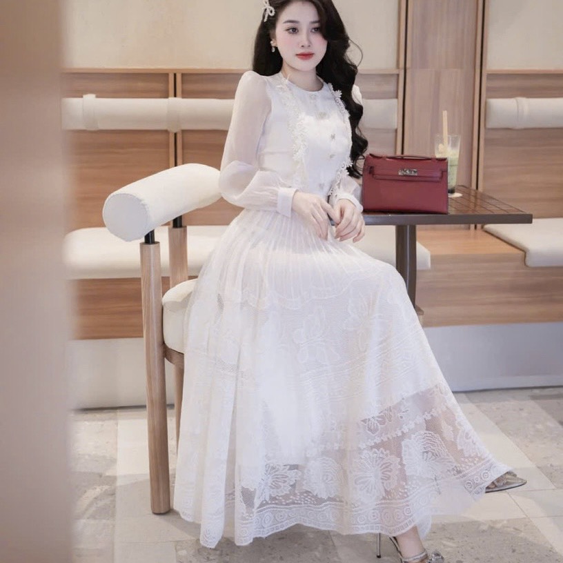 Đầm thiết kế tơ tay dài dáng xoè cao cấp tặng cài nơ