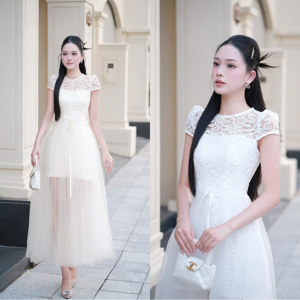 Đầm tay ren phối ngực ren dáng dài đơn giản thanh lịch chân voan cao cấp thiết kế đi tiệc