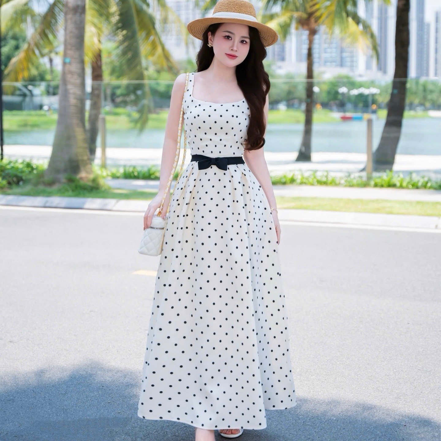 Đầm thiết kế 2 dây cổ vuông dáng dài