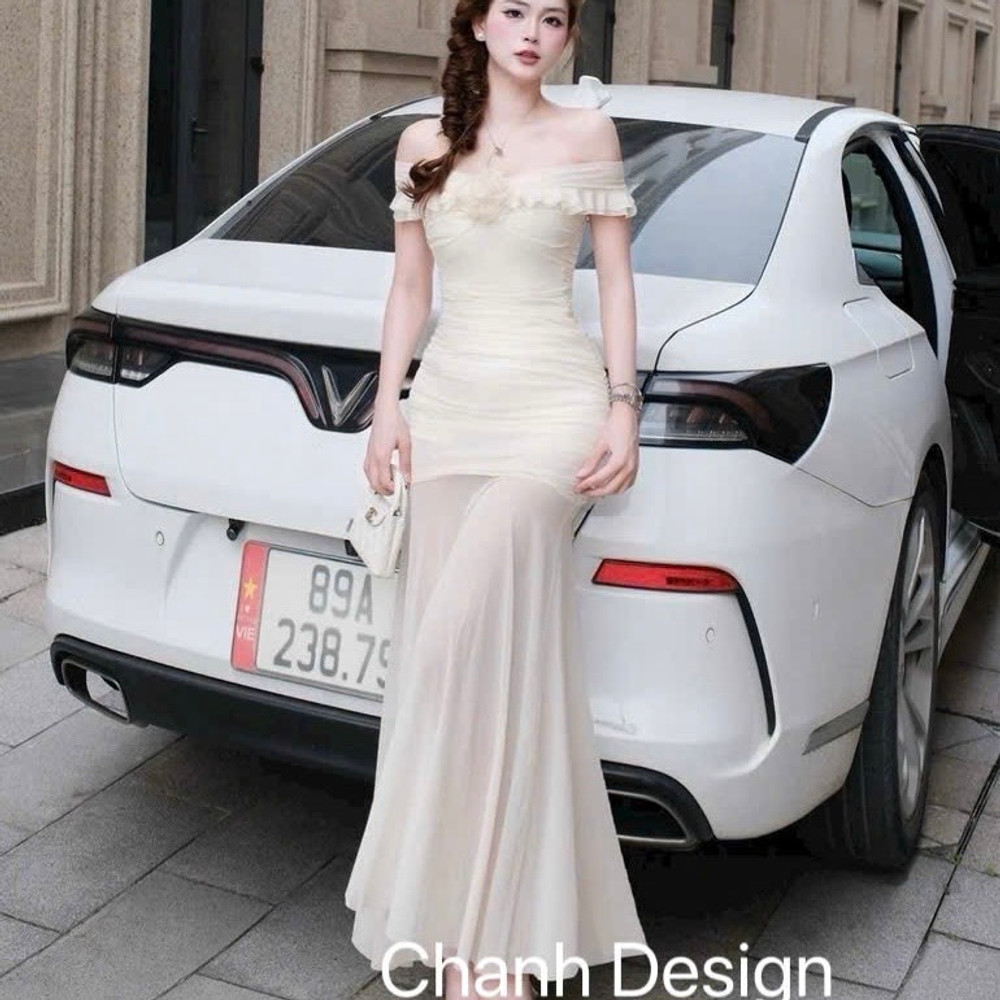 Đầm thiết kế trễ vai hoa ngực dáng xoè