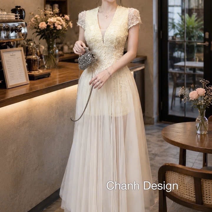 Đầm thiết kế cổ V phối voan tùng dài
