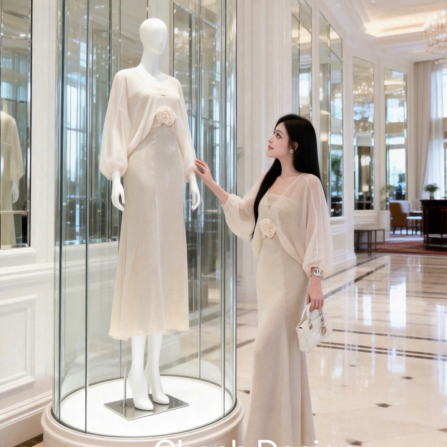 Đầm thiết kế lụa áo choàng nơ hoa