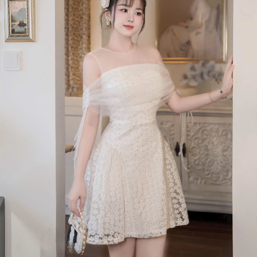 Đầm thiết kế cao cấp ren hoa cúc phối lưới