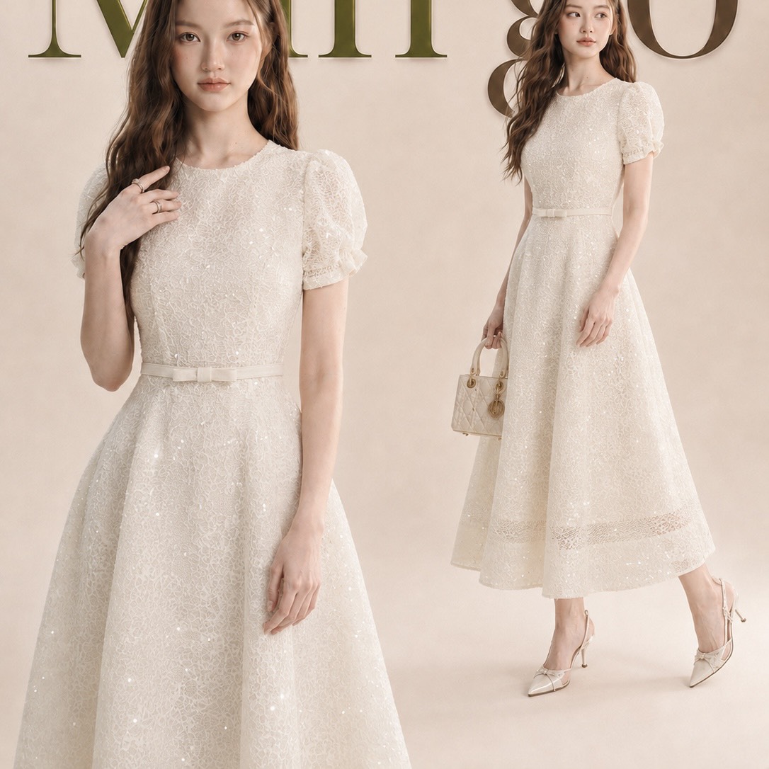 Đầm thiết kế kim sa nơ tay nơ eo dáng dài