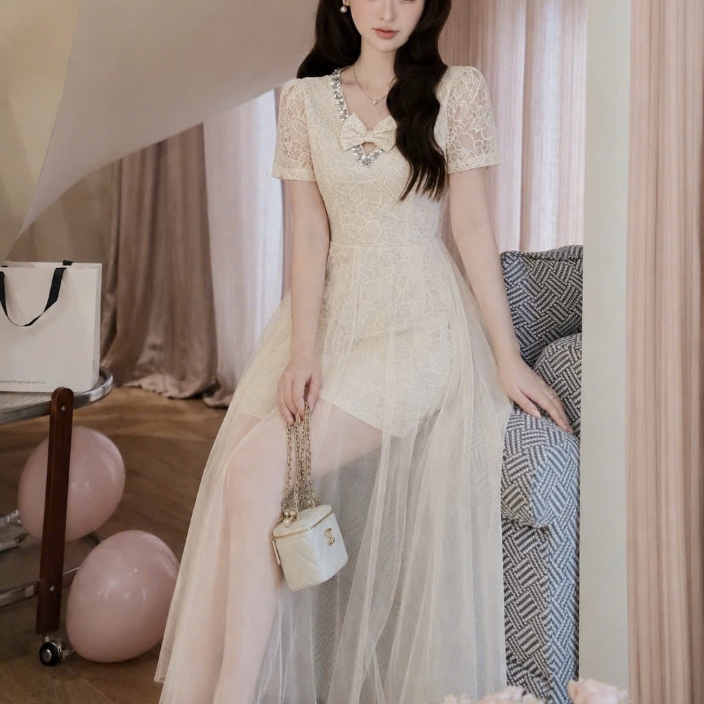 Đầm thiết kế cổ V đính đá cổ nơ ngực