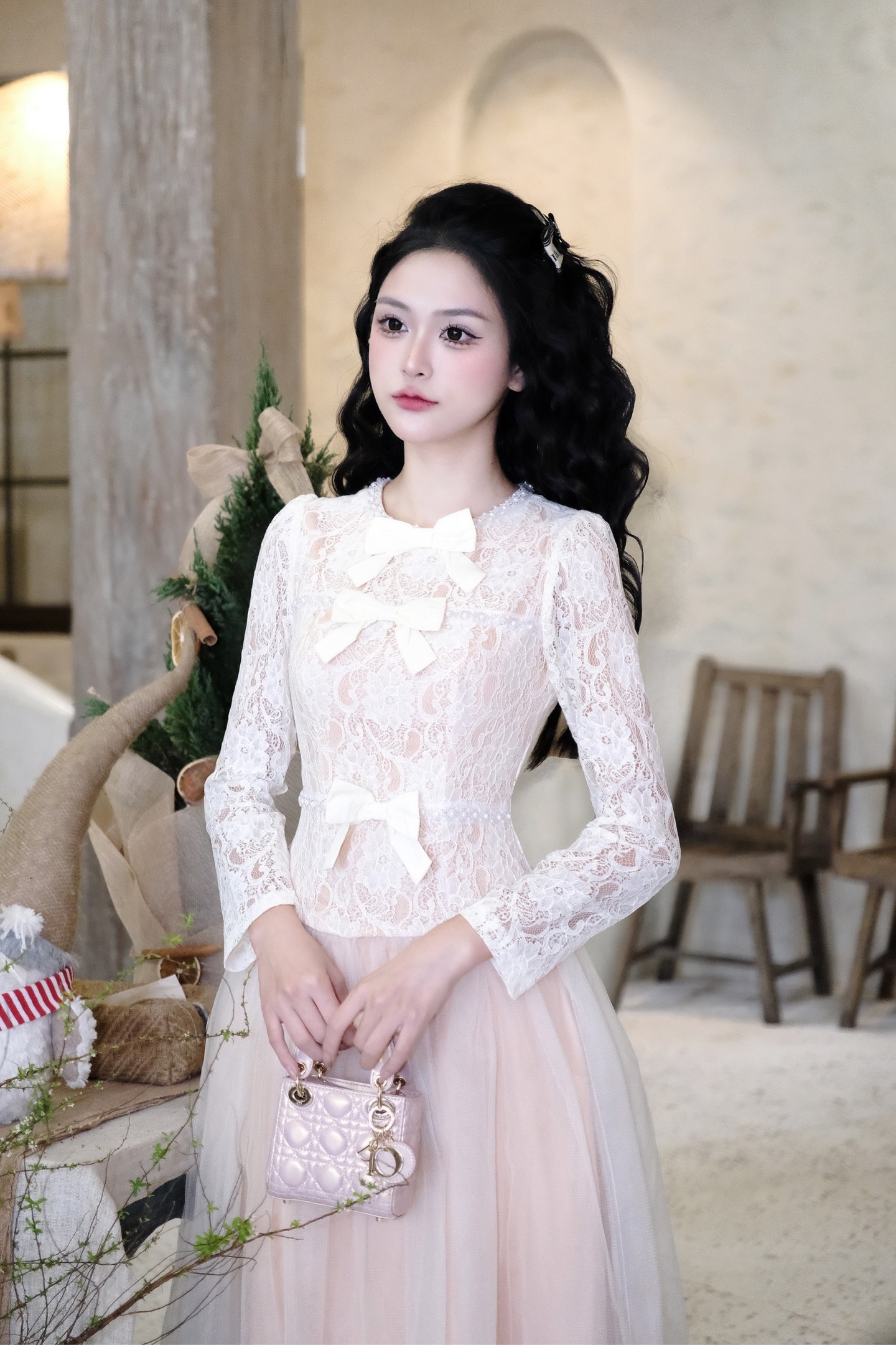 Đầm cổ tròn đính 3 nơ đi tiệc sang chảnh cao cấp