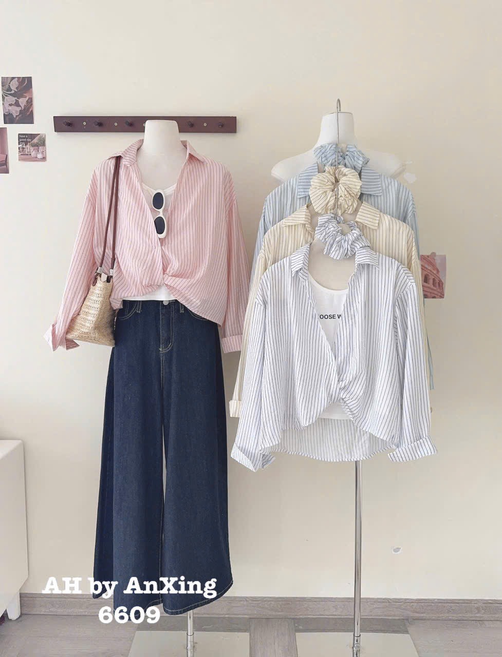 Áo kiểu sơ mi tay dài kèm áo thun 3 lỗ