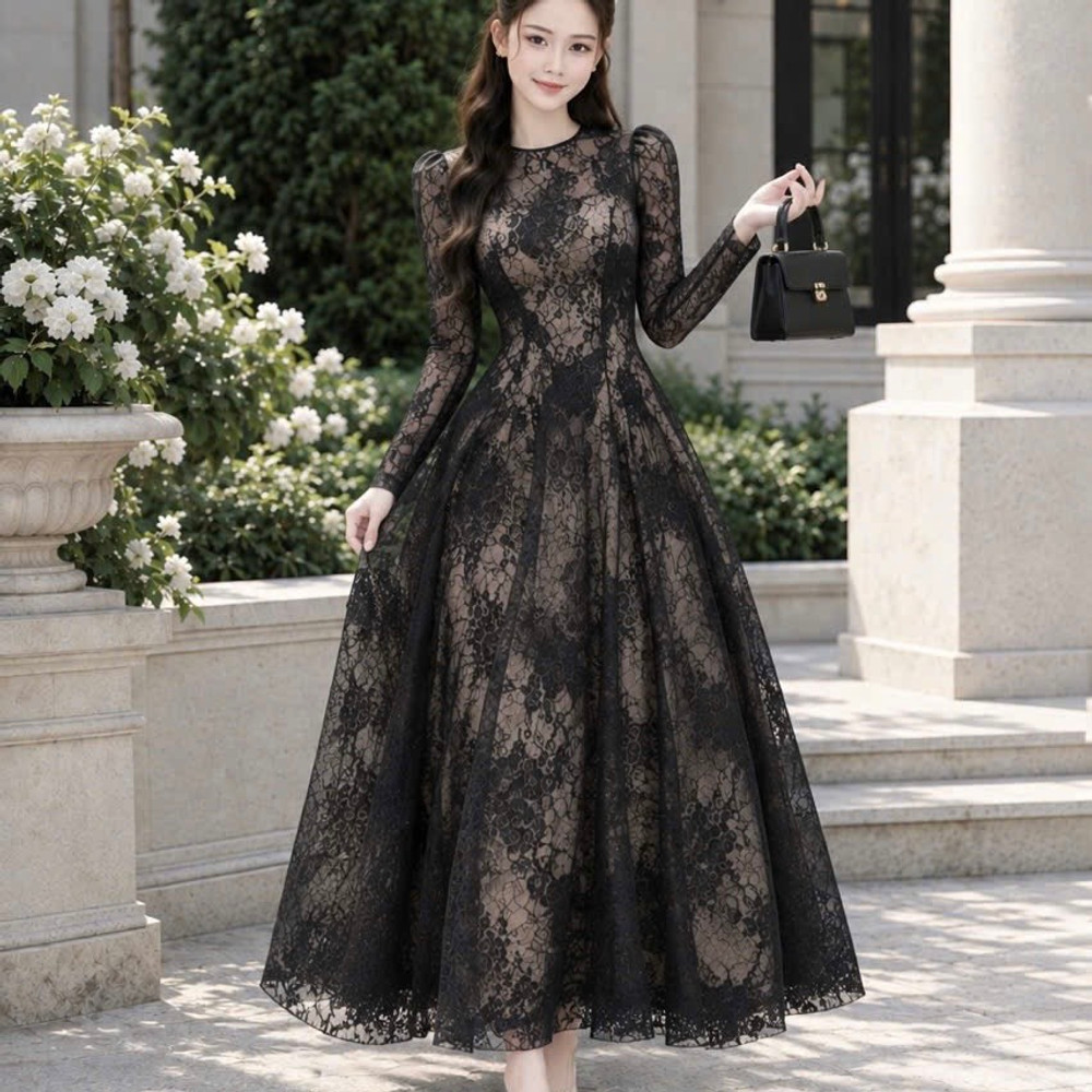 Đầm thiết kế cổ tròn ren tay dài dáng dài
