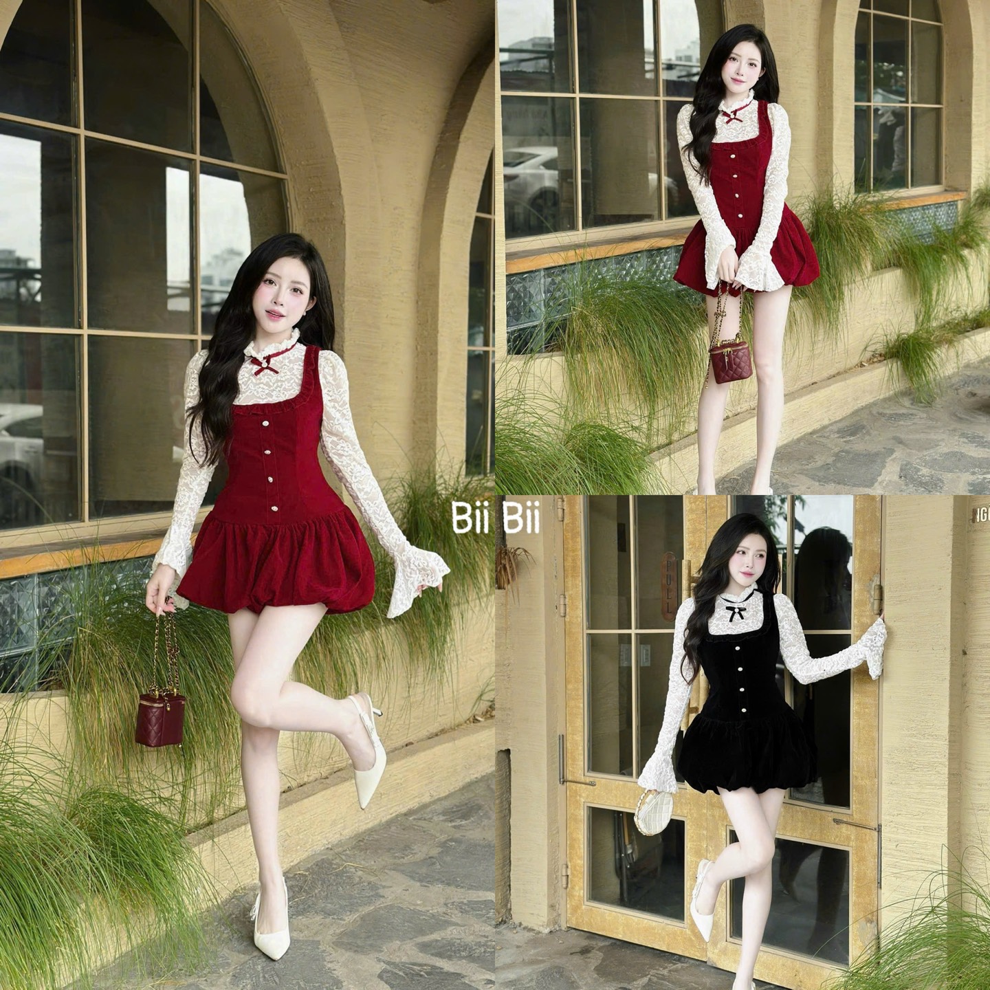 Đầm nhung tay dài phối ren cao cấp