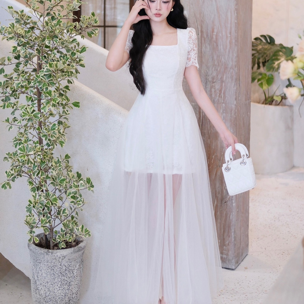 Đầm thiết kế cổ vuông tay ren dáng dài phối voan đi tiệc cao cấp hai màu trắng kem